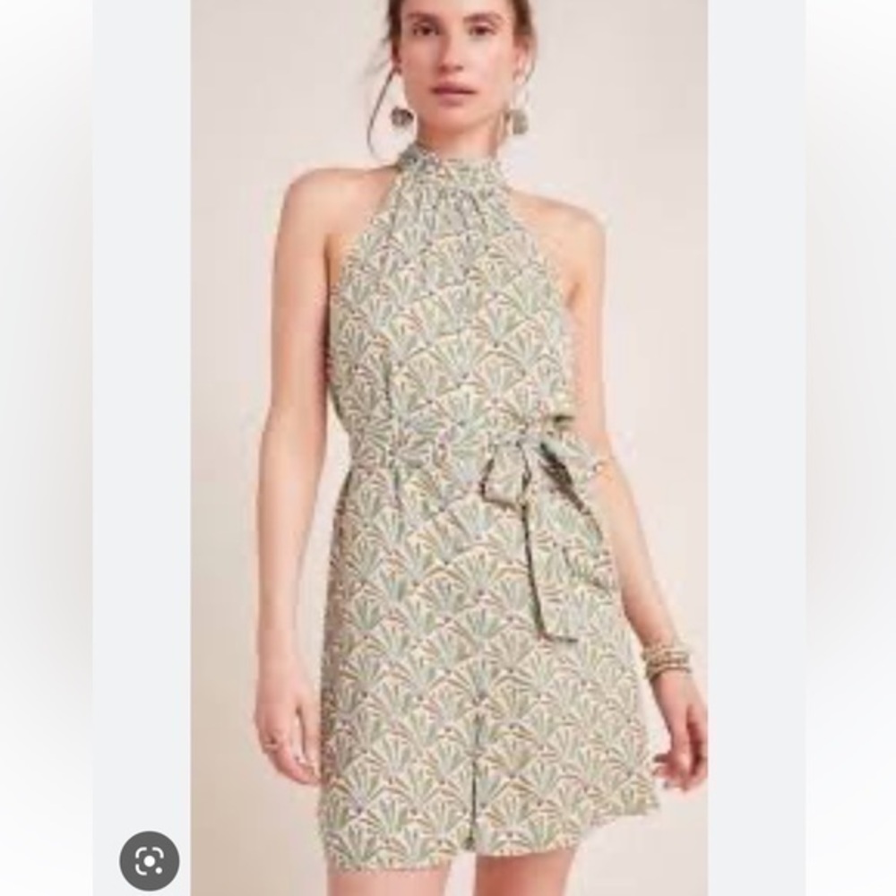 Anthropologie Maddie high neck birds of paradise green romper small